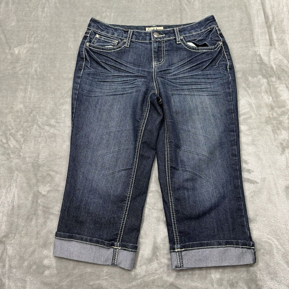 Earl Jeans Womens 6P Blue Capri Rhinestone Dark Wash Denim‎ Pockets Logo Casual